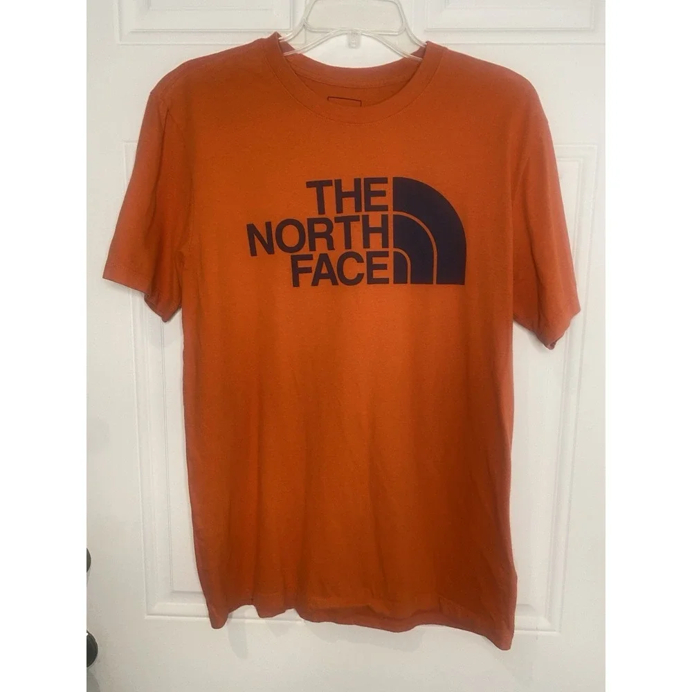 The North Face Men's Size Medium Half Dome Logo T-shirt Orange & Navy Crew Neck